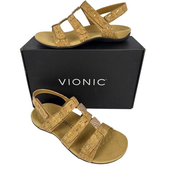 Vionic Sandal Amber Womens 9 Adjustable Backstrap Ortho Arch Support Gold Cork - Picture 1 of 11